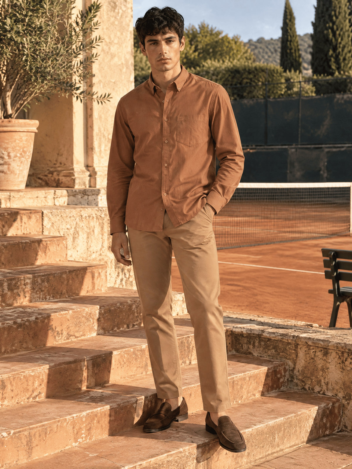Brown Striped Cotton Slim Fit Full Sleeve Shirt