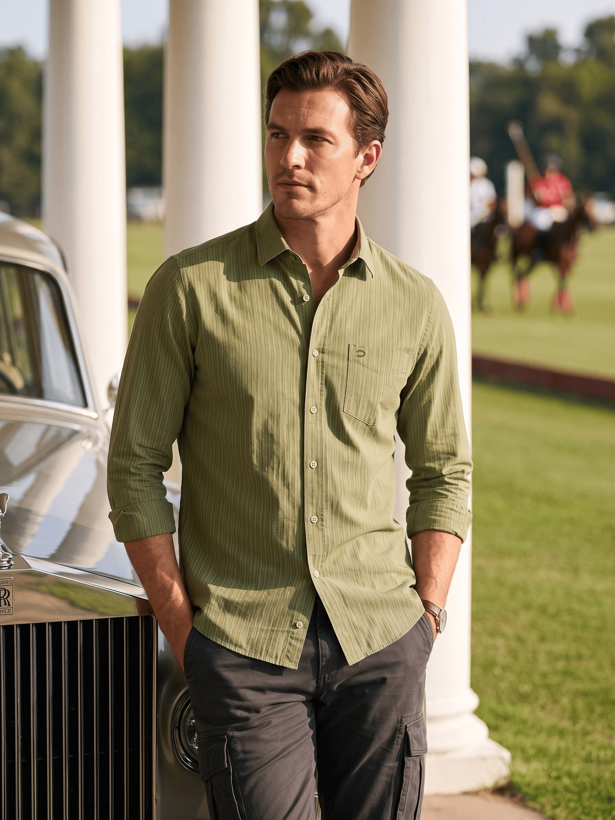 Olive Textured Cotton Slim Fit Full Sleeve Shirt