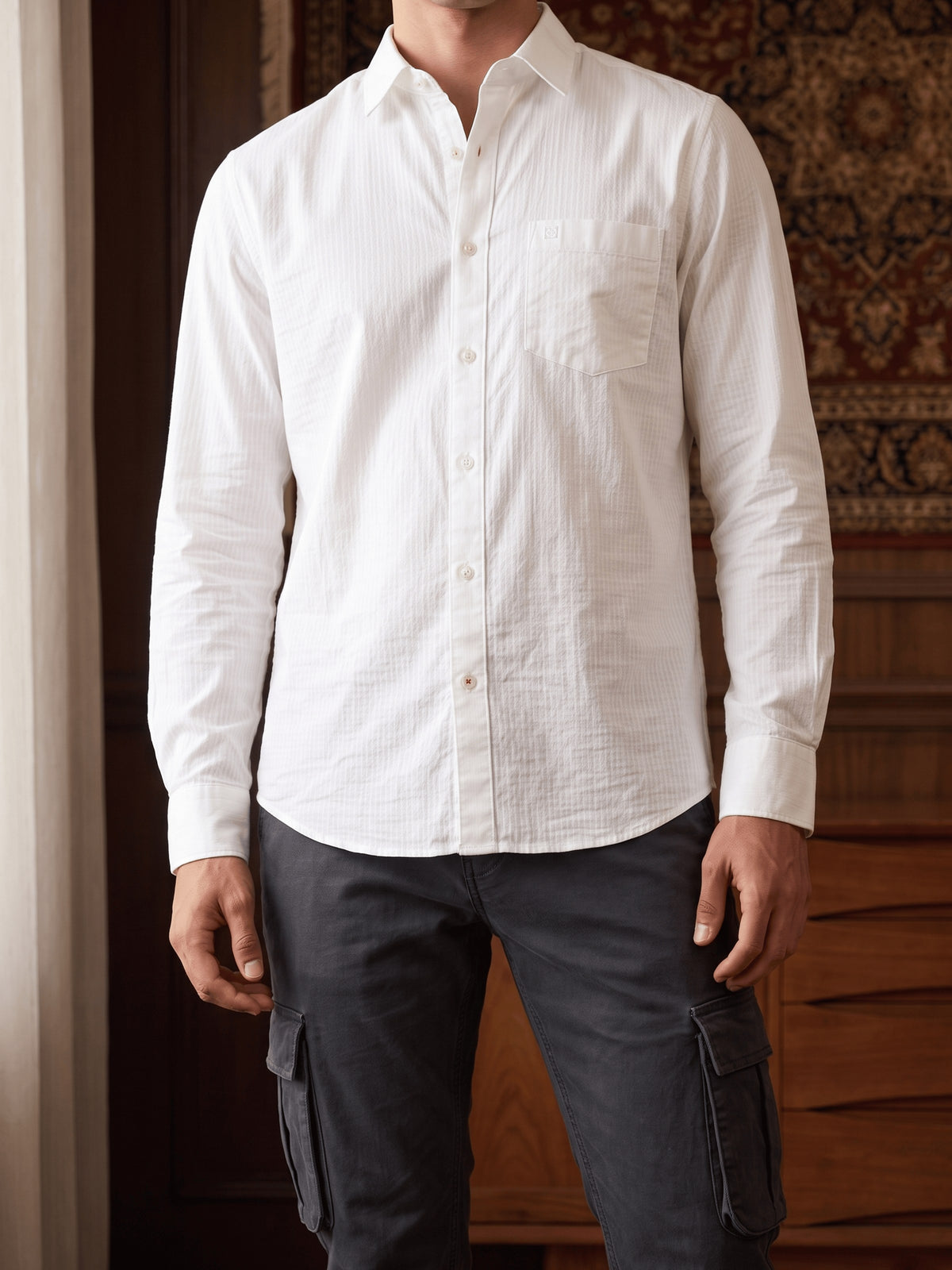 White Textured Cotton Slim Fit Full Sleeve Shirt