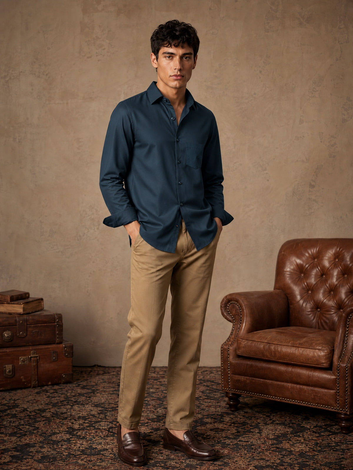 Teal Cotton Slim Fit Full Sleeve Shirt