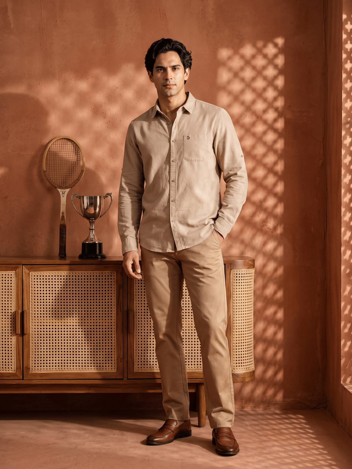 Khaki Cotton Slim Fit Full Sleeve Shirt