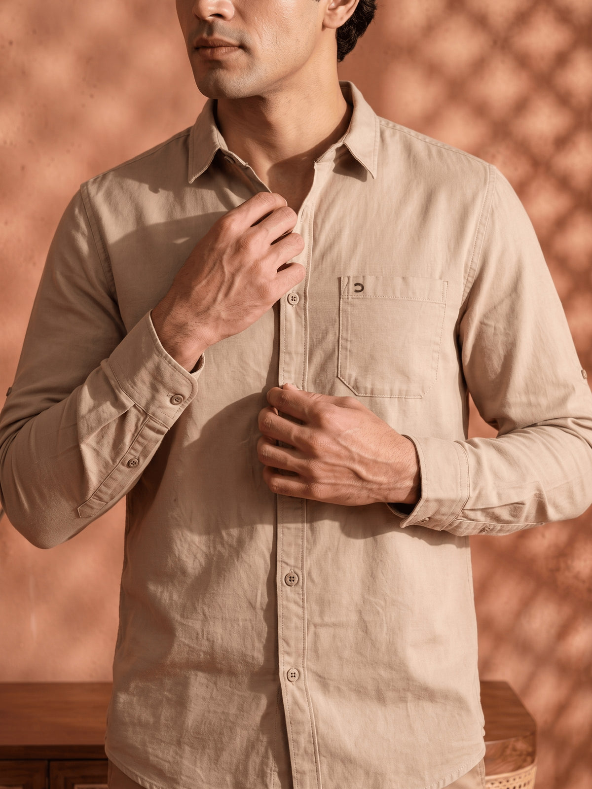 Khaki Cotton Slim Fit Full Sleeve Shirt