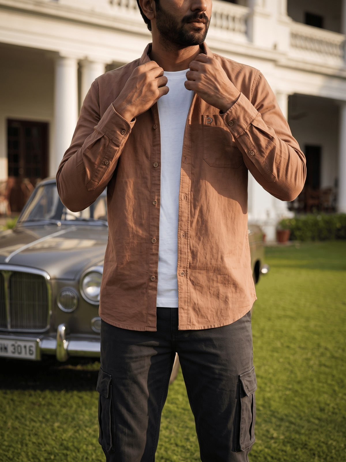 Light Brown Cotton Slim Fit Full Sleeve Shirt