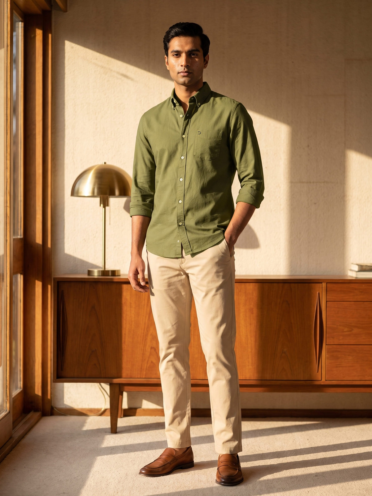 Olive Cotton Slim Fit Full Sleeve Shirt