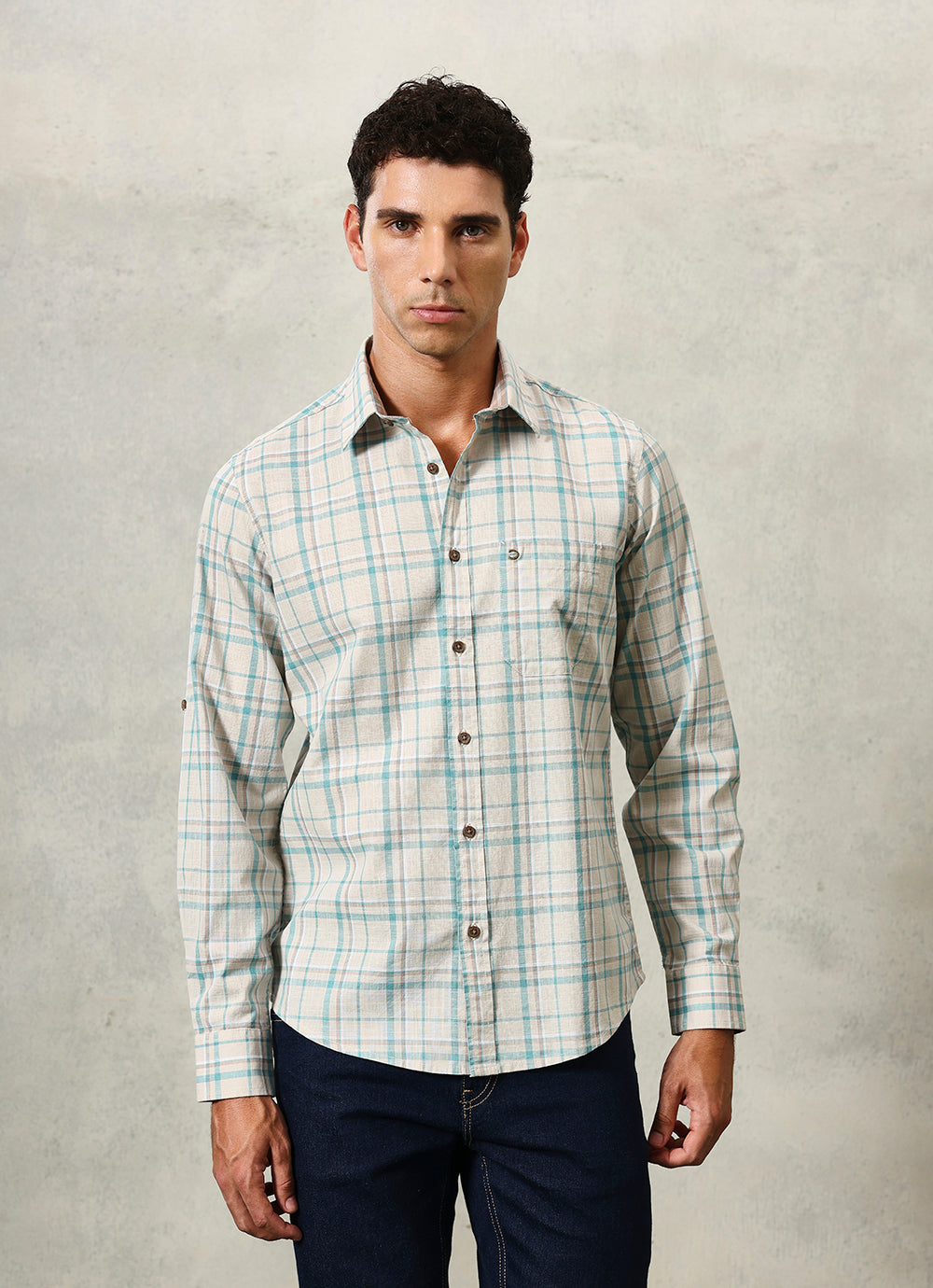 Beige Checks Cotton Slim Fit Shirt