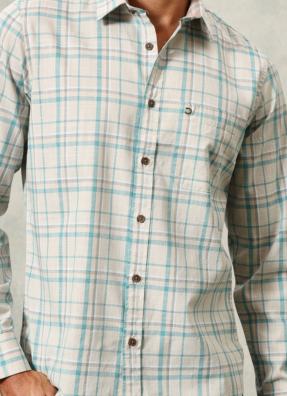 Beige Checks Cotton Slim Fit Shirt