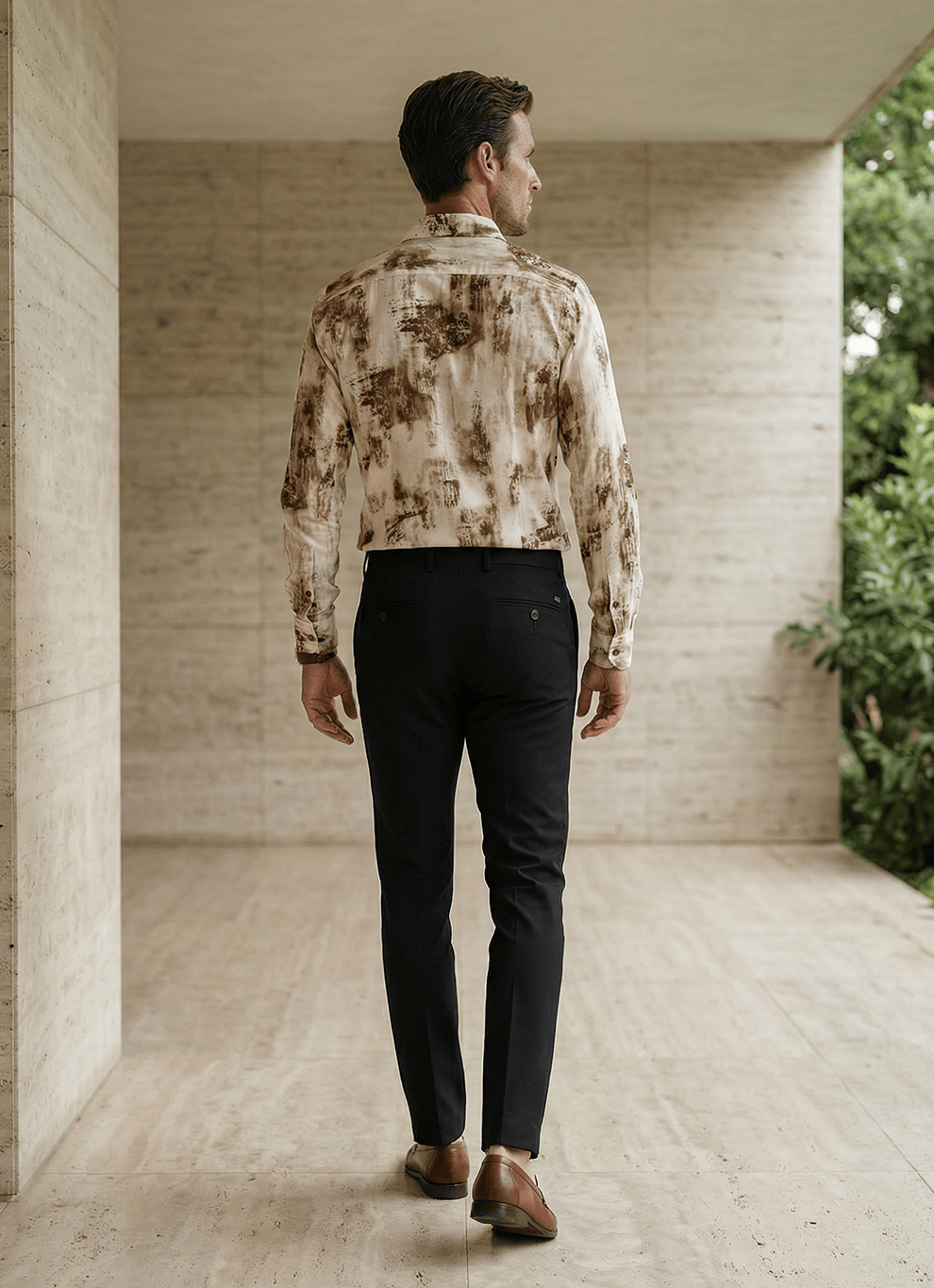 Brown Viscose Slub Print Cotton Slim Fit Full Sleeve Shirt