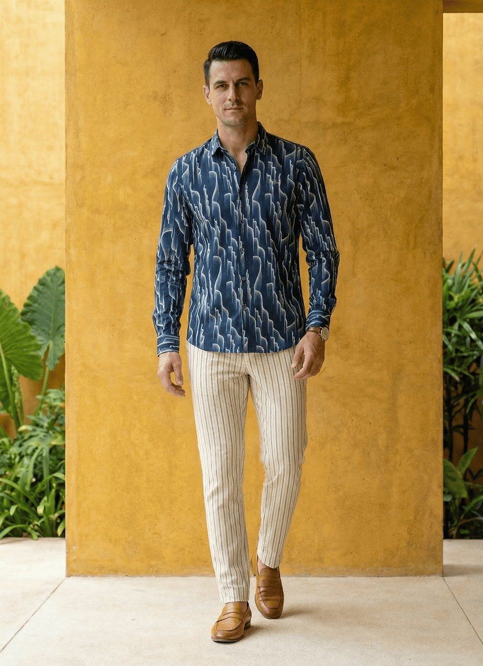 Navy Viscose Slub Print Cotton Slim Fit Full Sleeve Shirt