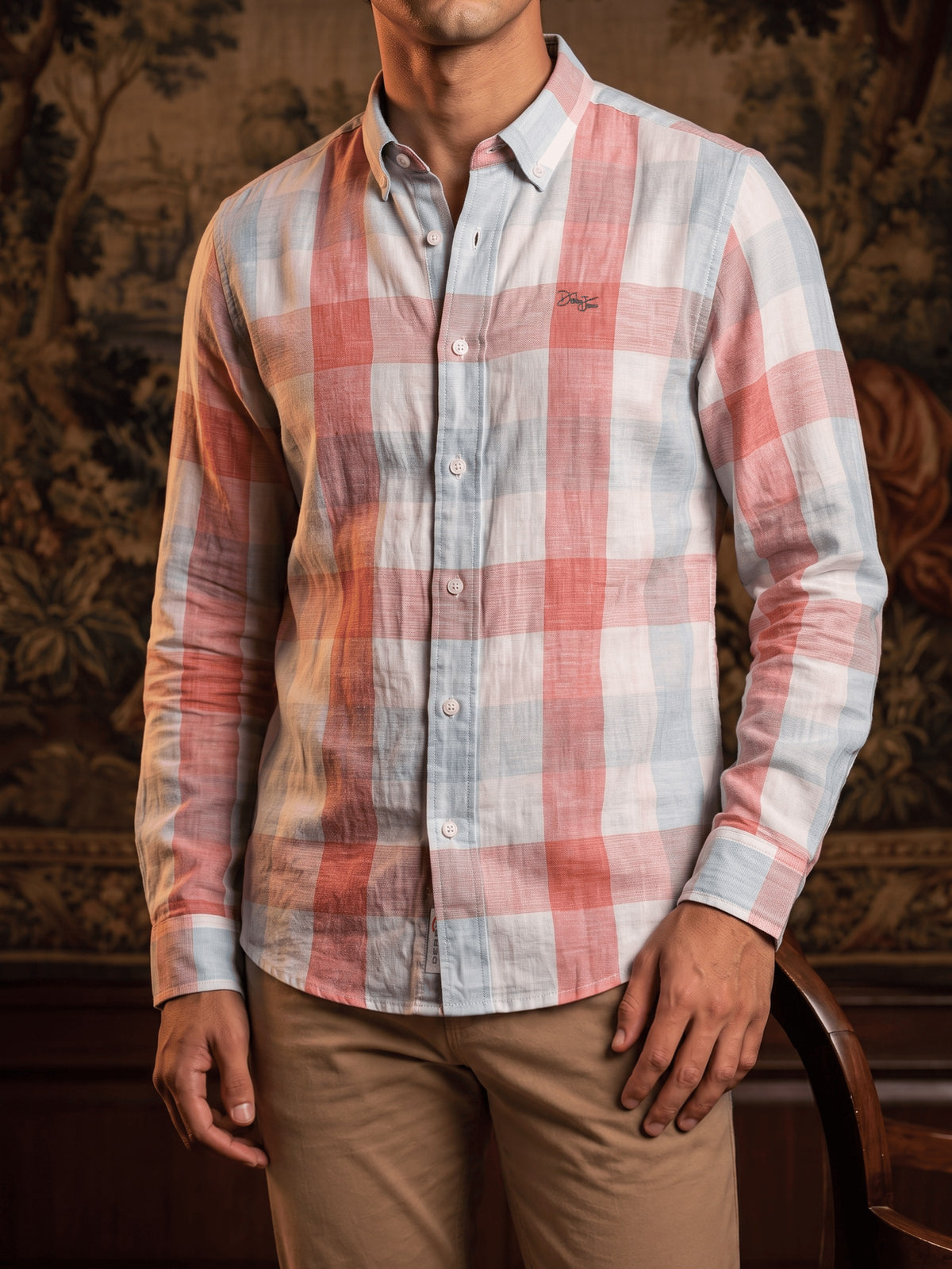 Red Checked Lyocell Linen Slim Fit Full Sleeve Shirt