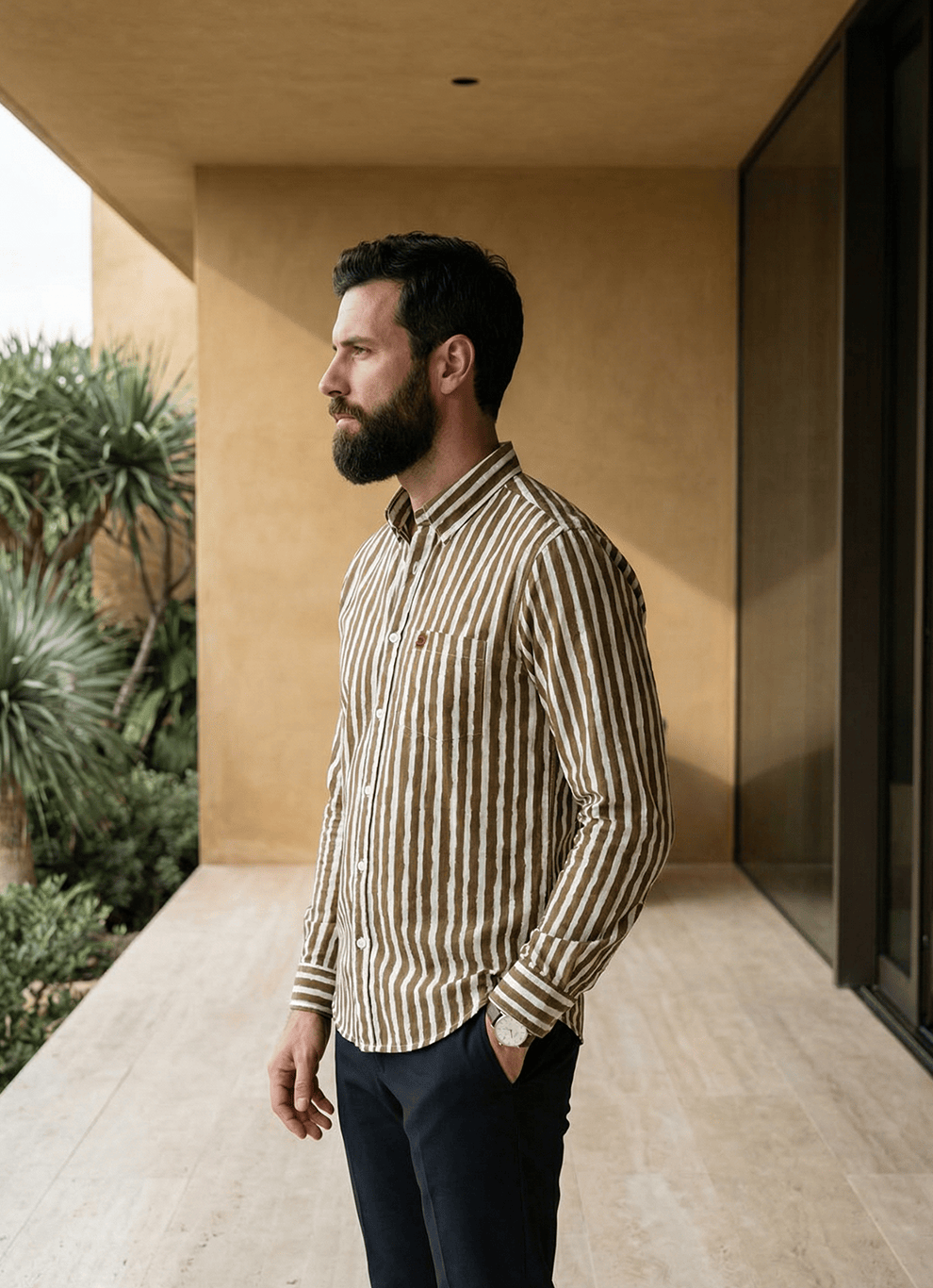Khaki Cotton Slim Fit Full Sleeve Shirt