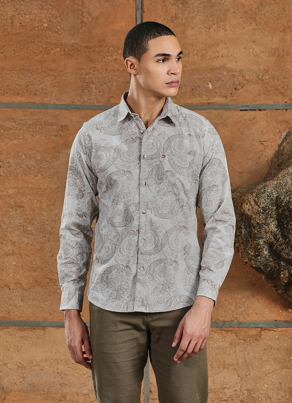 Beige Print Cotton Slim Fit Shirt