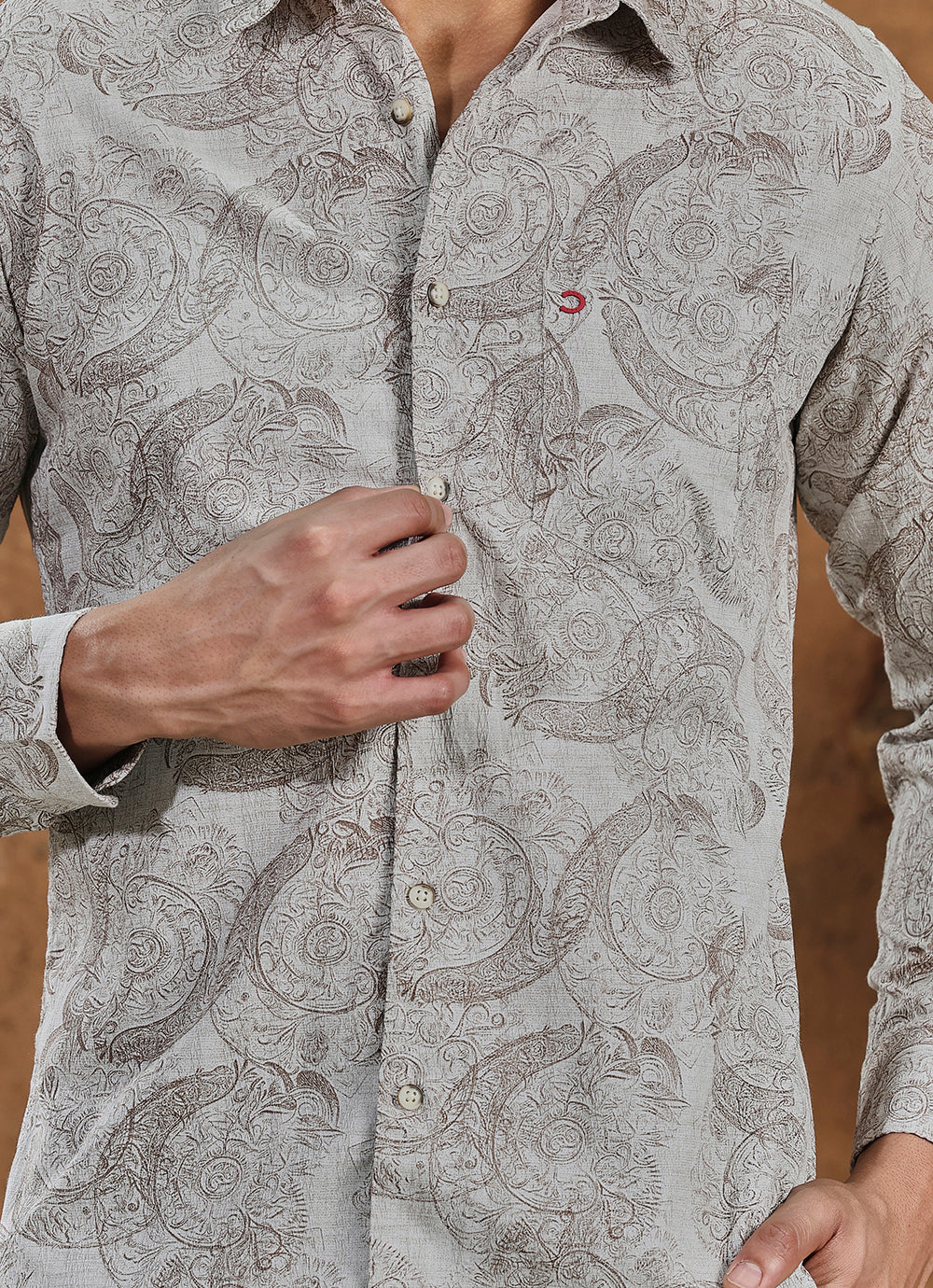Beige Print Cotton Slim Fit Shirt