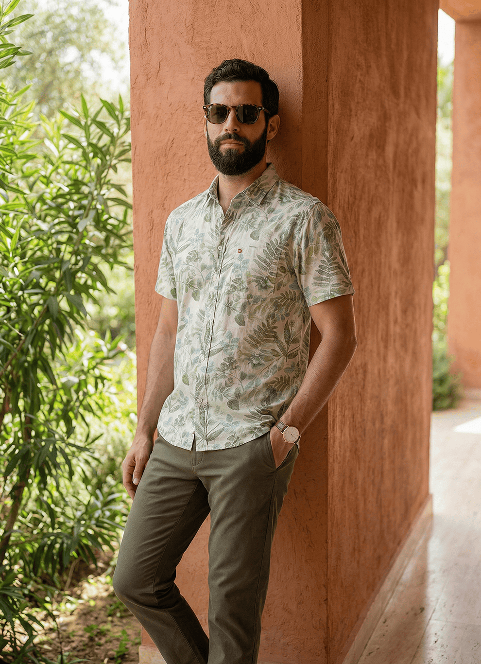 Olive Natural Linen Print Cotton Slim Fit Half Sleeve Shirt