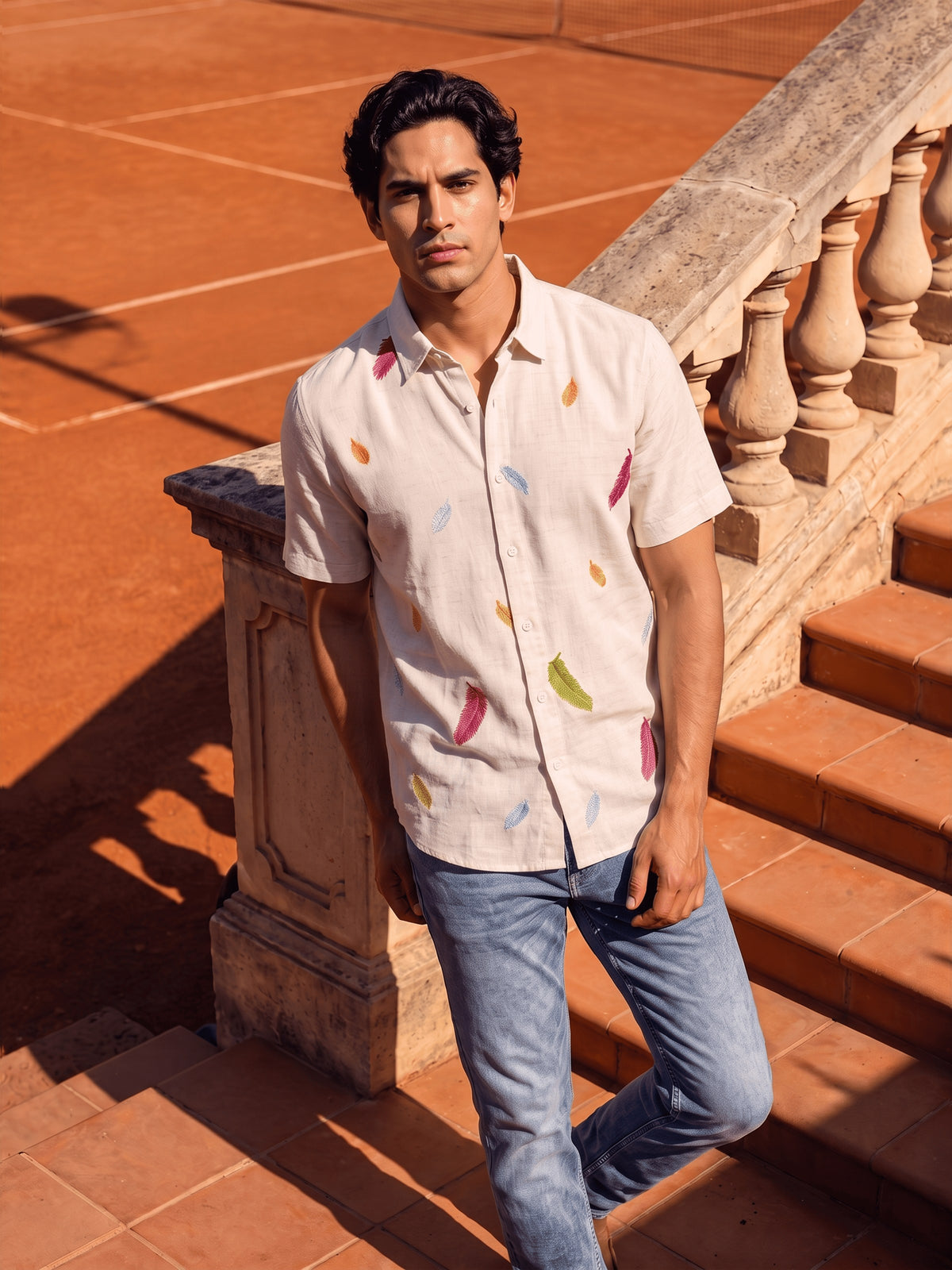 White Embroidered Cotton Slim Fit Half Sleeve Shirt