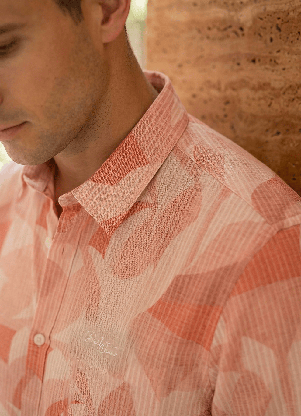 Coral Seersucker Print Cotton Slim Fit Half Sleeve Shirt