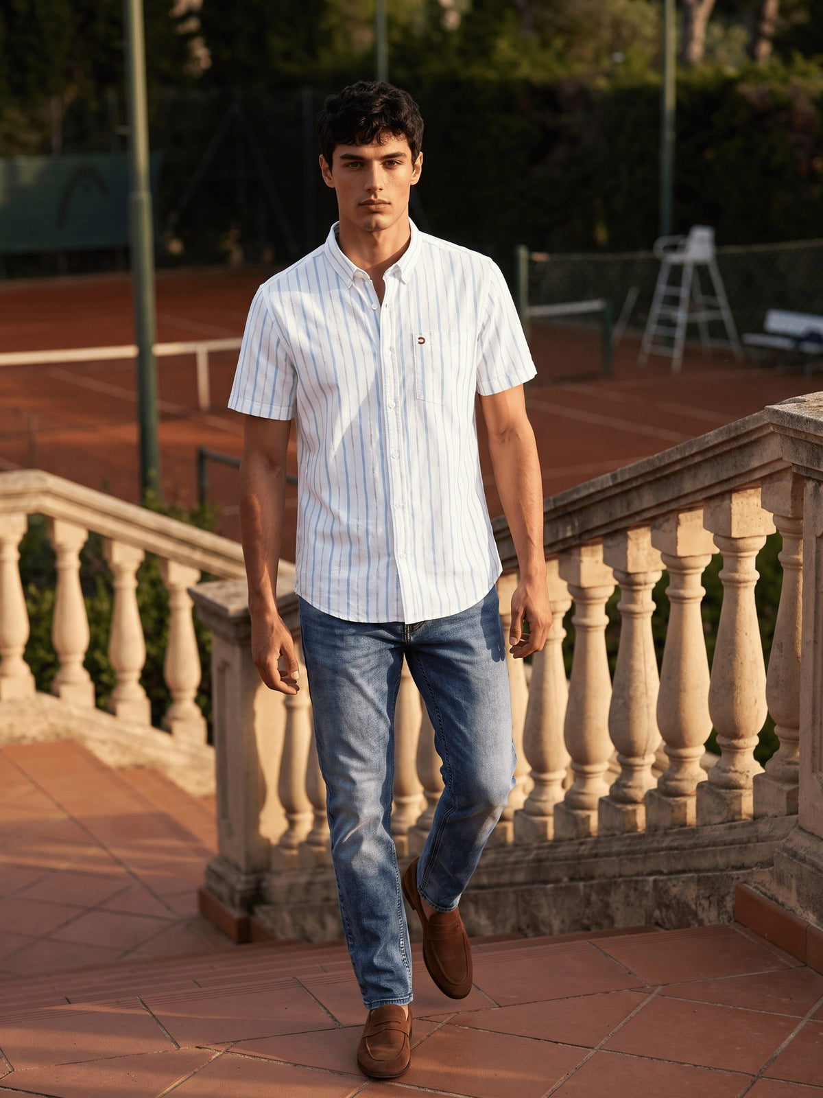 Sky Blue Striped Cotton Slim Fit Half Sleeve Shirt