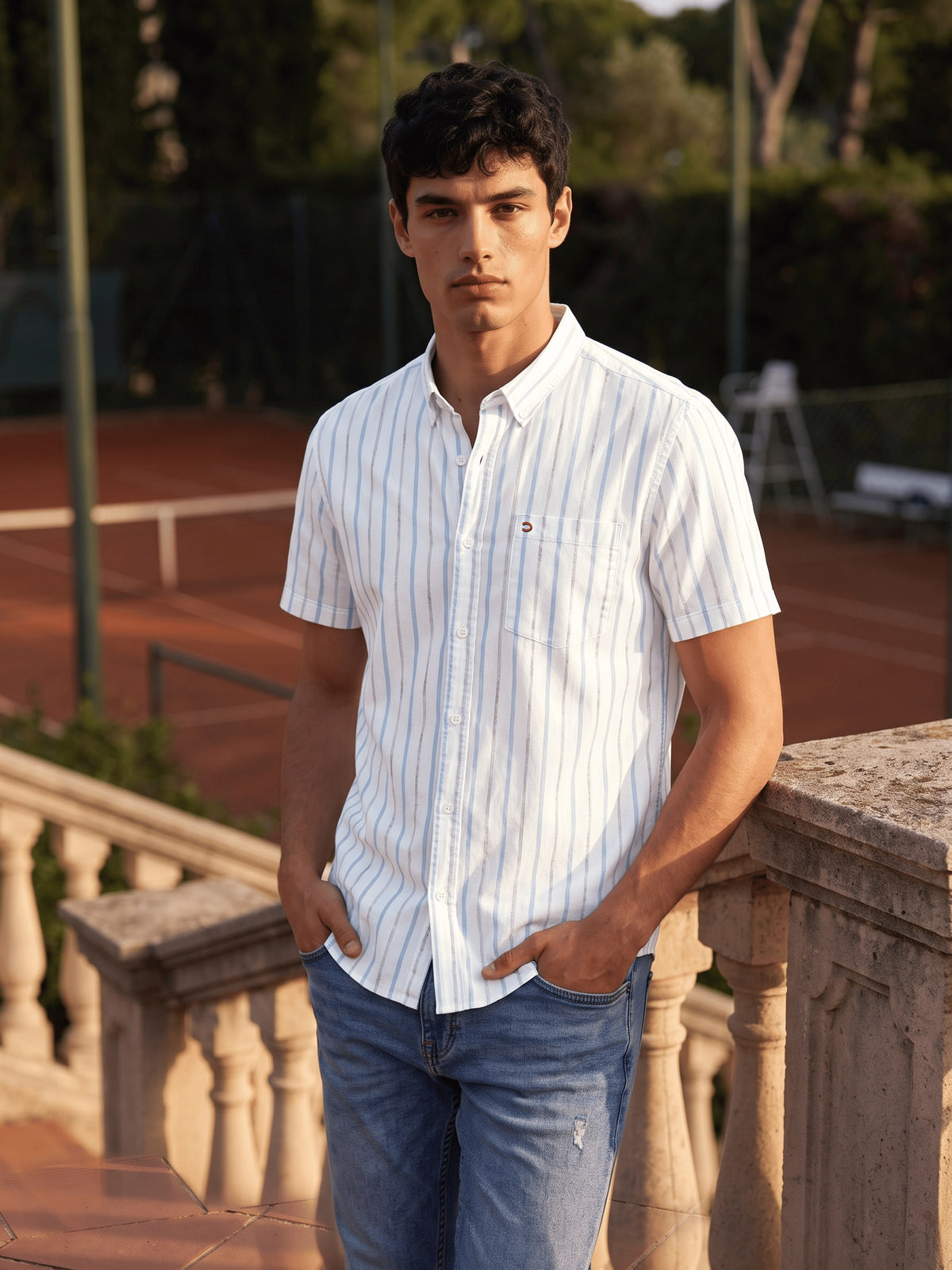 Sky Blue Striped Cotton Slim Fit Half Sleeve Shirt
