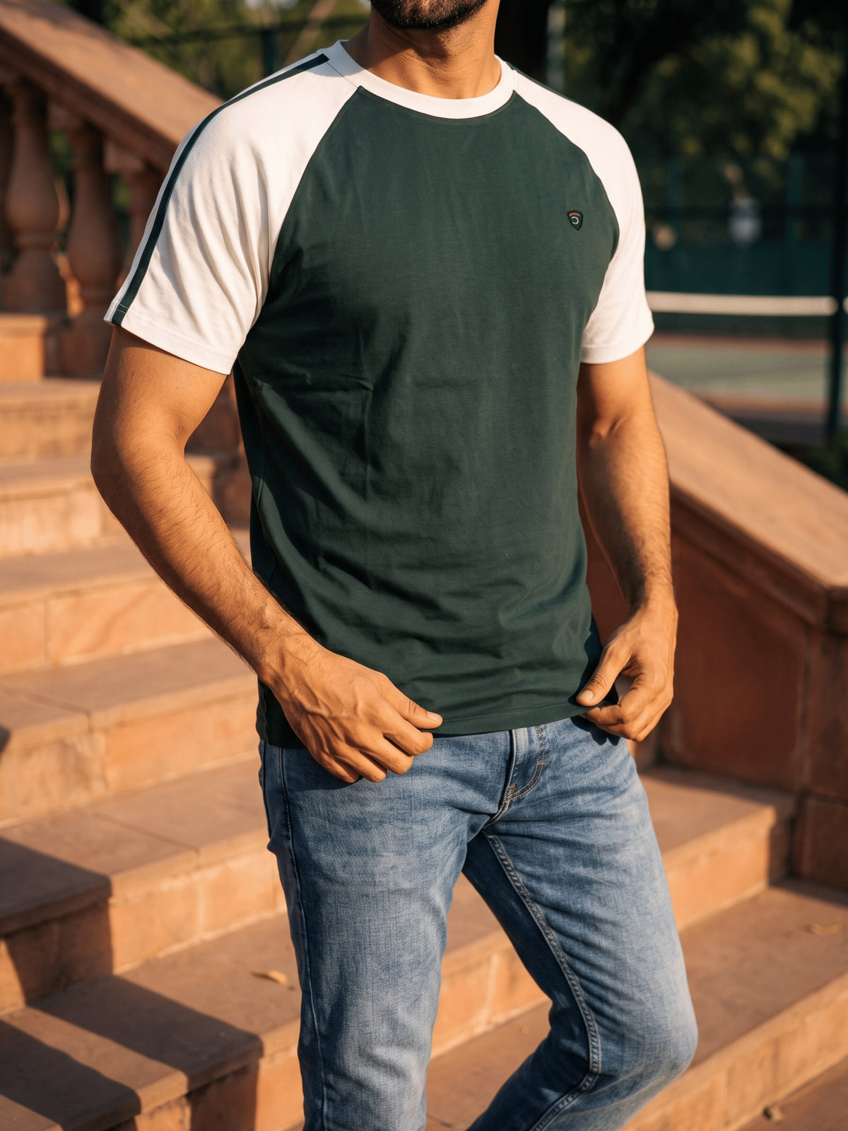 Green Colour Block Cotton Regular Fit Tshirt
