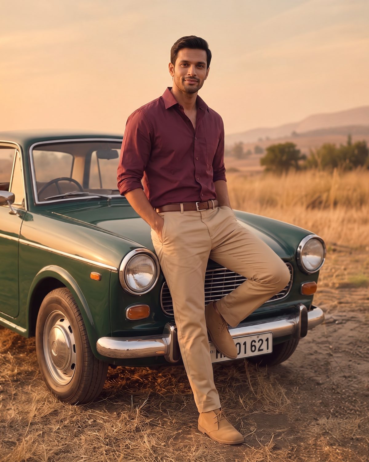 Man in a maroon Derby shirt and khaki trousers leaning on a vintage green car at sunset