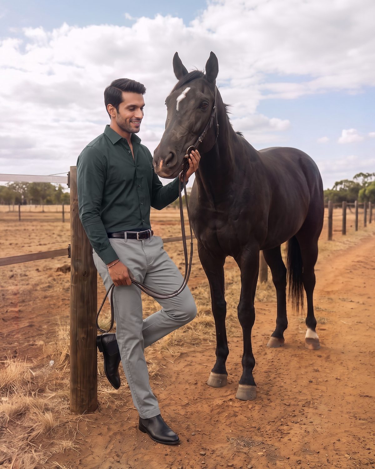Man in a dark green Derby shirt and grey trousers standing with a black horse on a ranch track