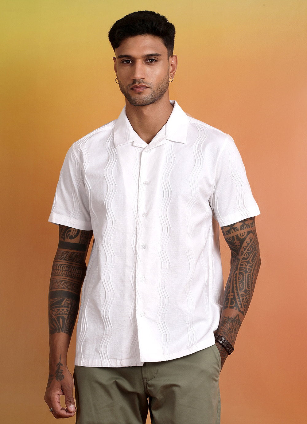 White solid cotton dobby slim fit shirt with full sleeves