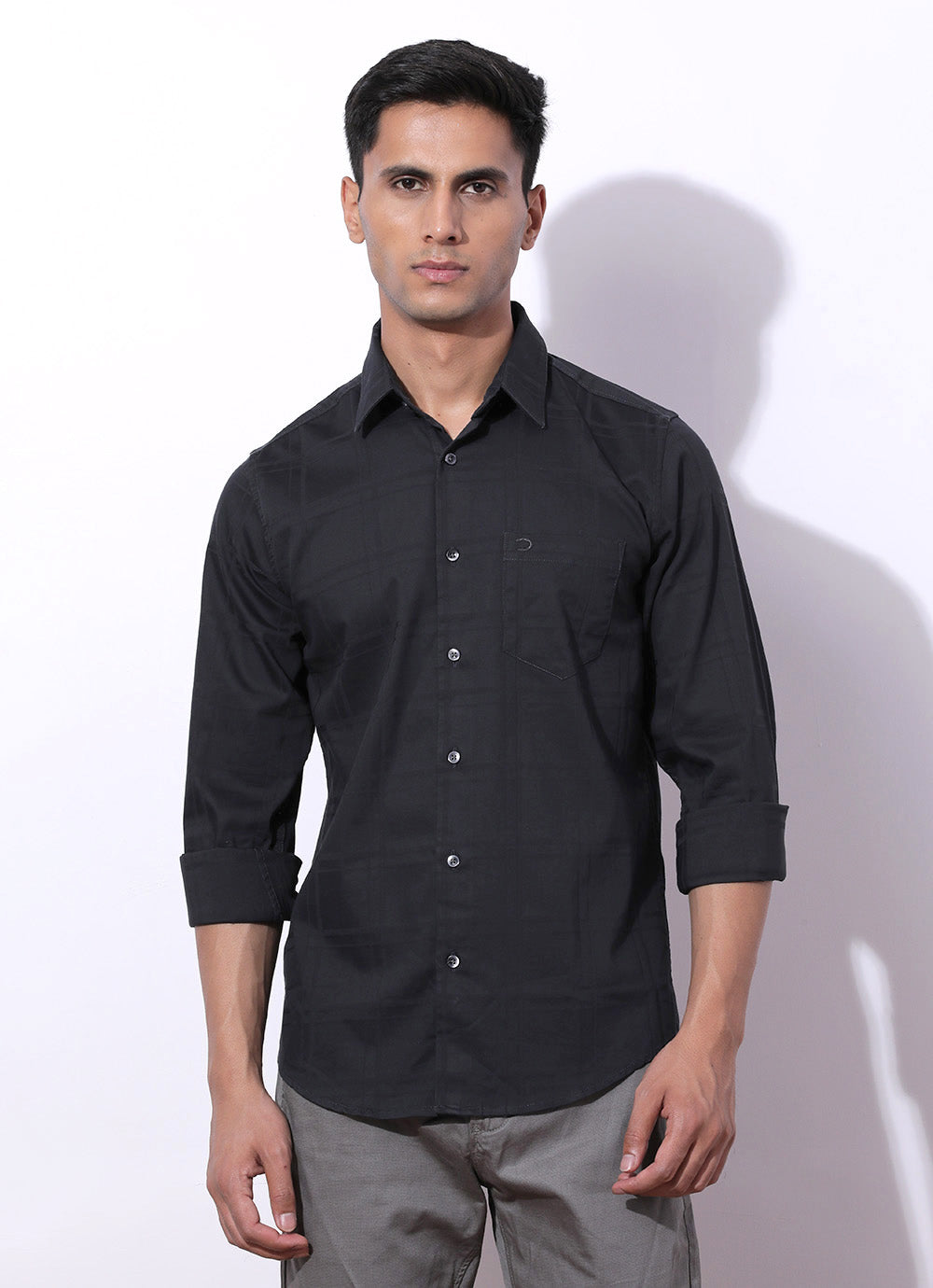 Grey Checked Slim Fit Party Shirt with Single Patch Pocket