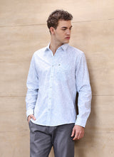 Light Blue Leaf Print Cotton Slim Fit Shirt