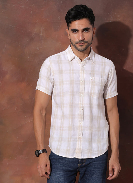 Beige Checked Cotton Linen Slim Fit Shirt with Single Patch Pocket