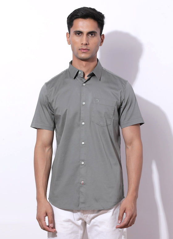 Olive Cotton Blend Solid Slim Fit Shirt with Single Patch Pocket