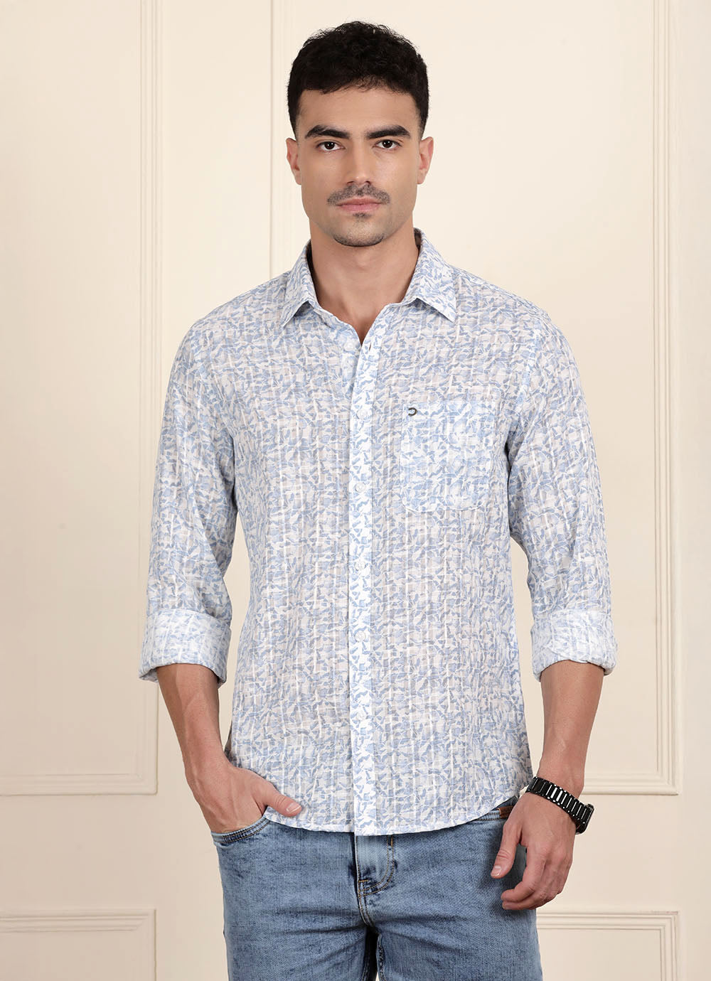 Blue Print Cotton Slim Fit Shirt