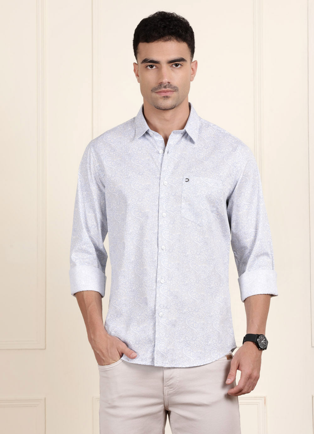 Blue Print Cotton Slim Fit Shirt