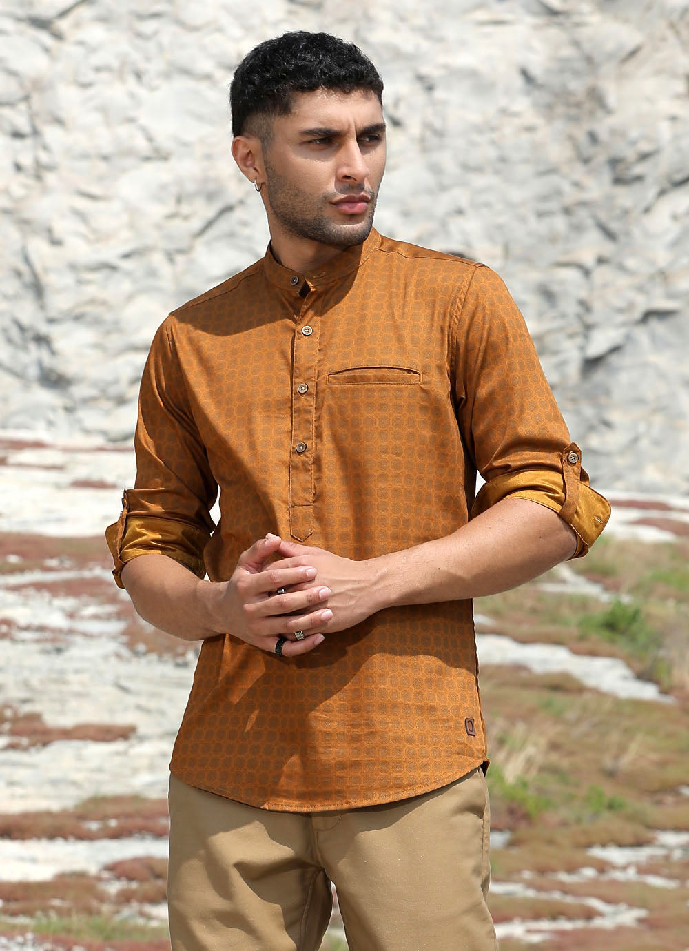 Brick Print Cotton Slim Fit Shirt