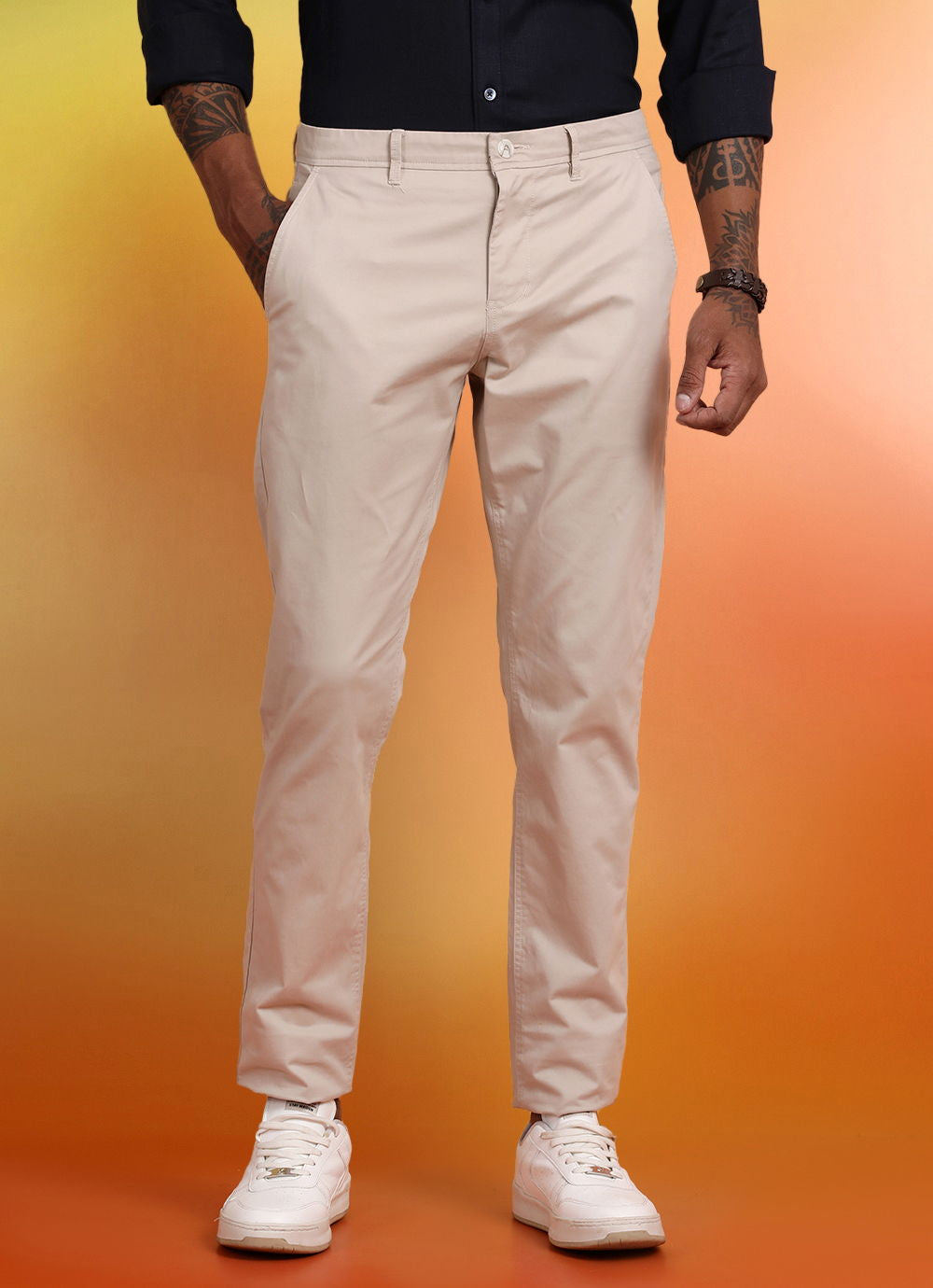 Beige Solid Slim Fit Trouser