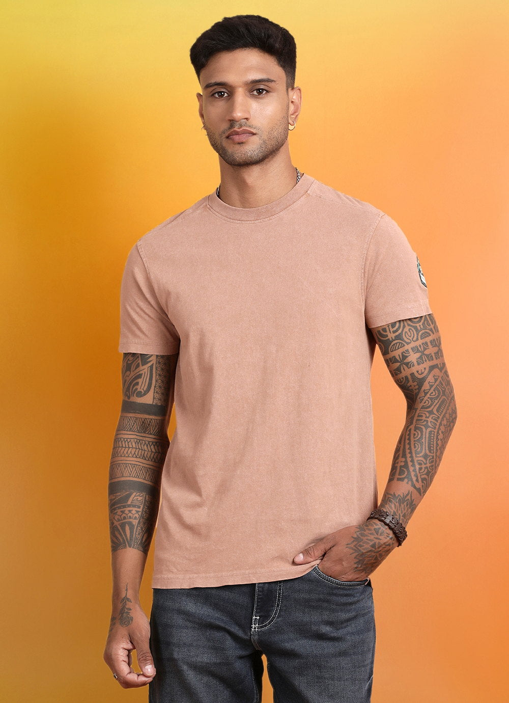 Beige Washed Cotton Slim Fit Tshirt