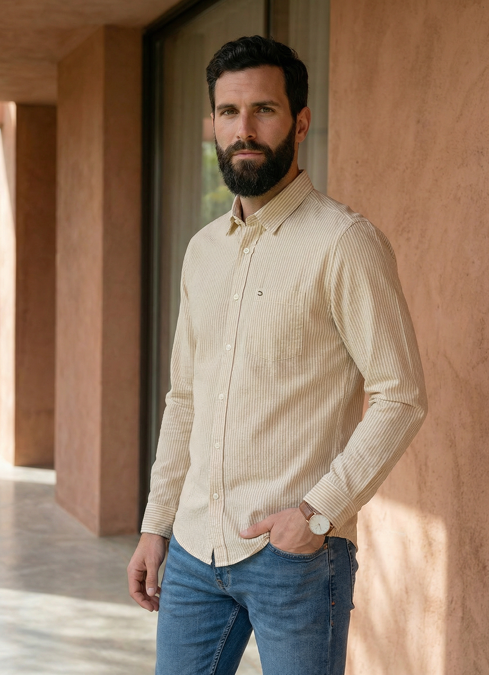 Beige Cotton Seersucker Stripes Slim Fit Full Sleeve Shirt