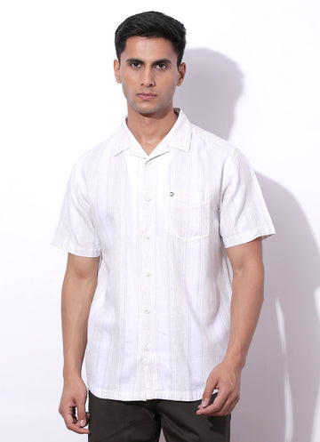 Beige Striped Linen Cotton Slim fit Shirt
