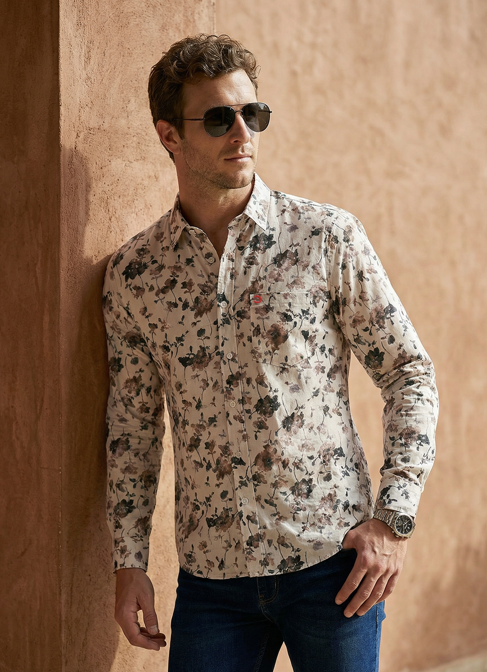 Brown Polyester Print Slim Fit Full Sleeve Shirt