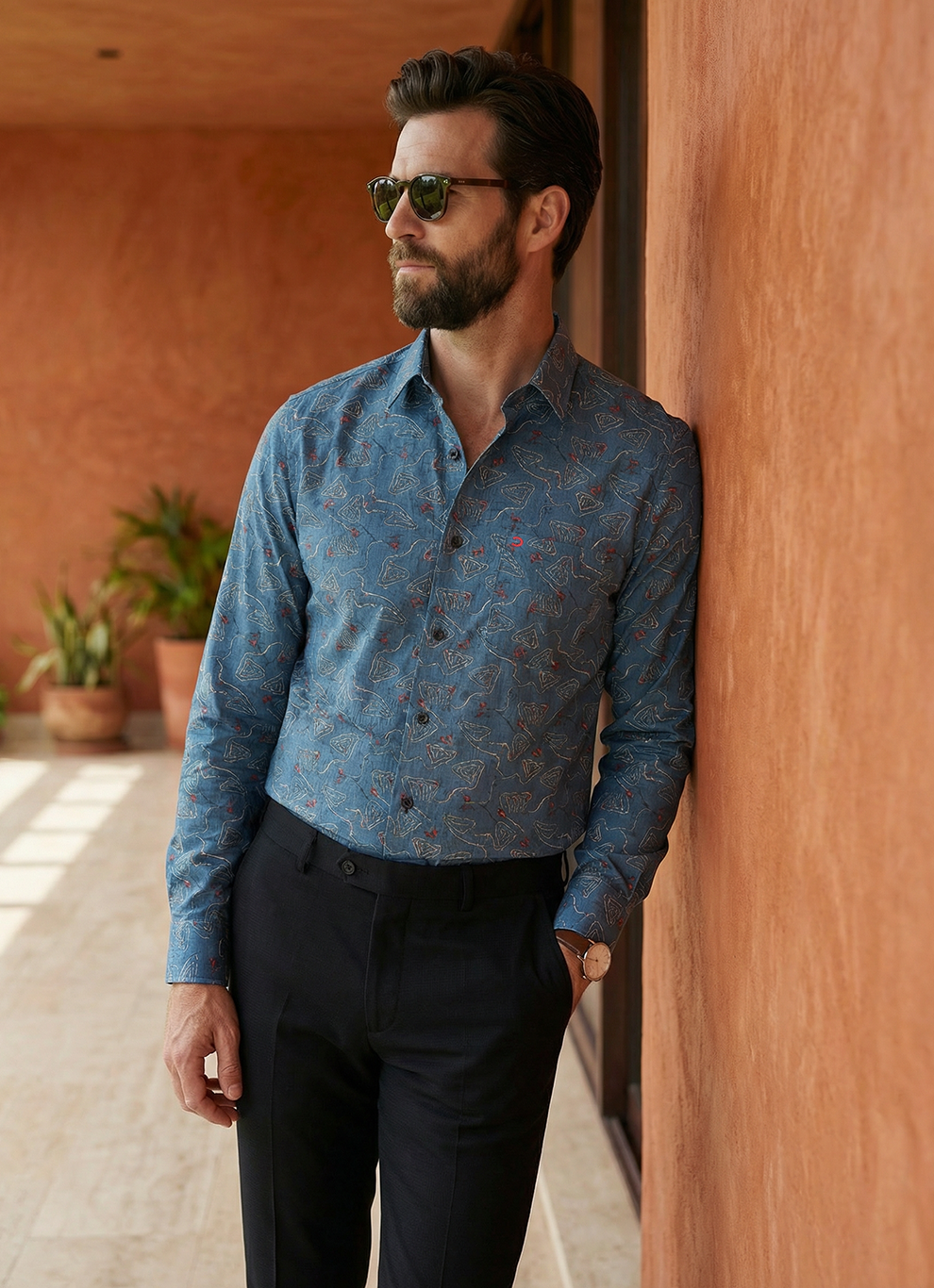 Blue Viscose Print  Slim Fit Full Sleeve Shirt