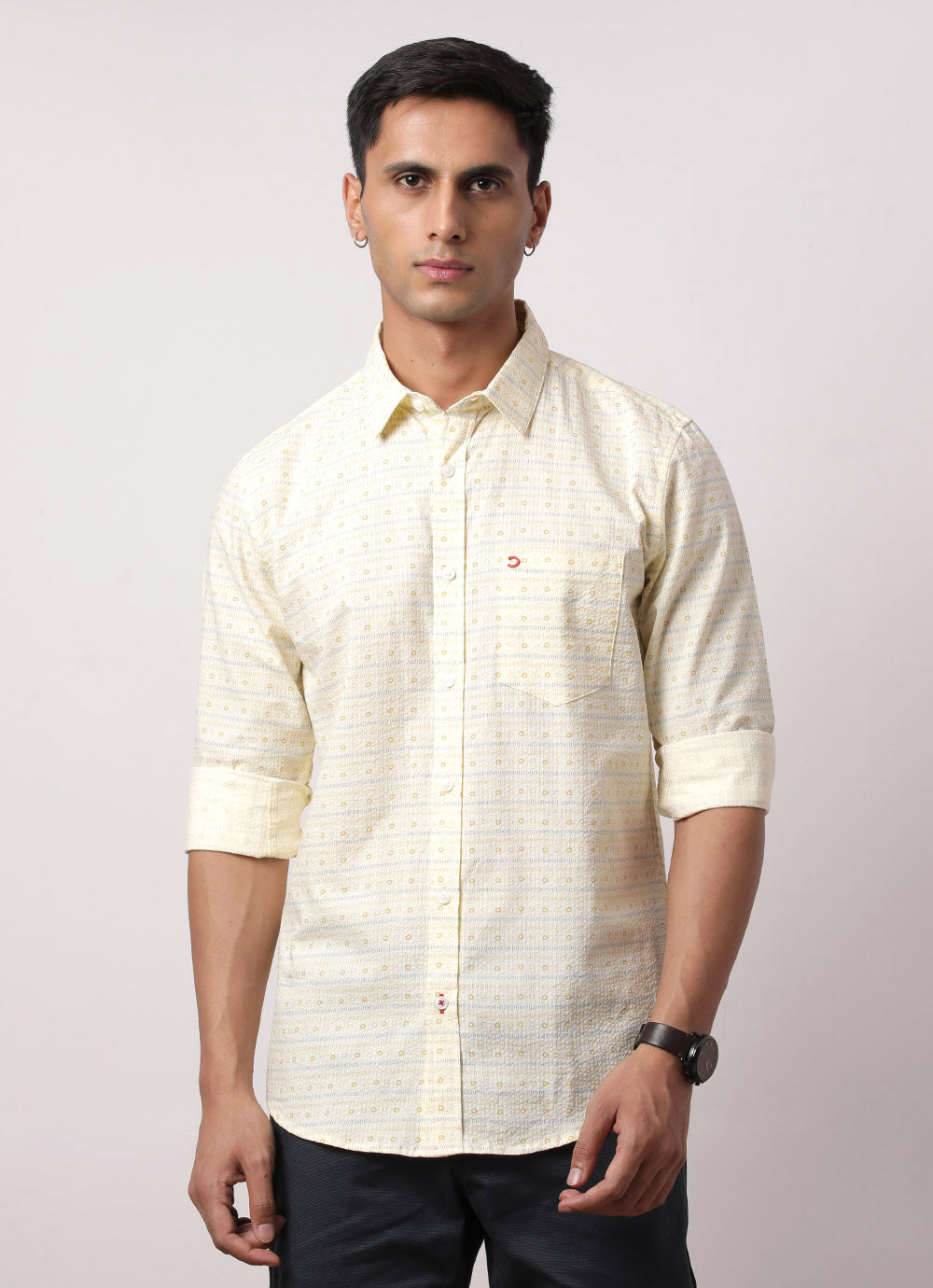 Yellow Cotton Printed Slim Fit Shirt with Single Patch Pocket