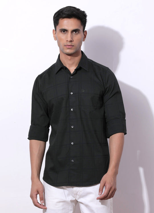 Dark Olive Checked Slim Fit Shirt with Single Patch Pocket