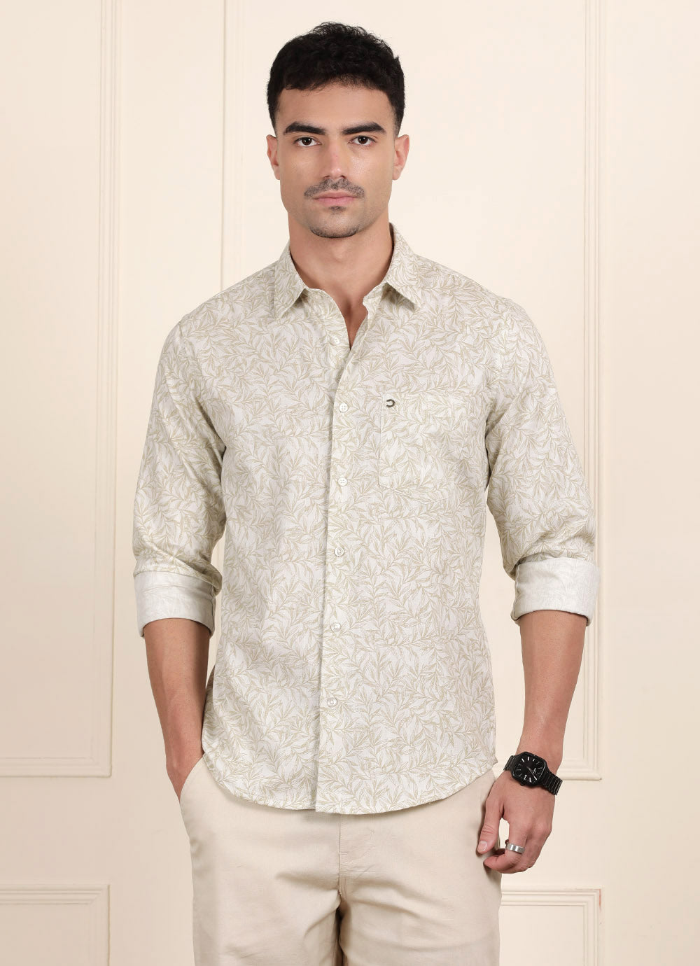 Green Print Cotton Slim Fit Shirt
