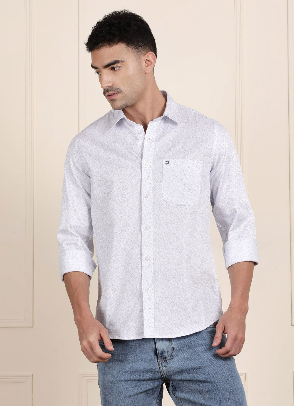 White Print Cotton Slim Fit Shirt
