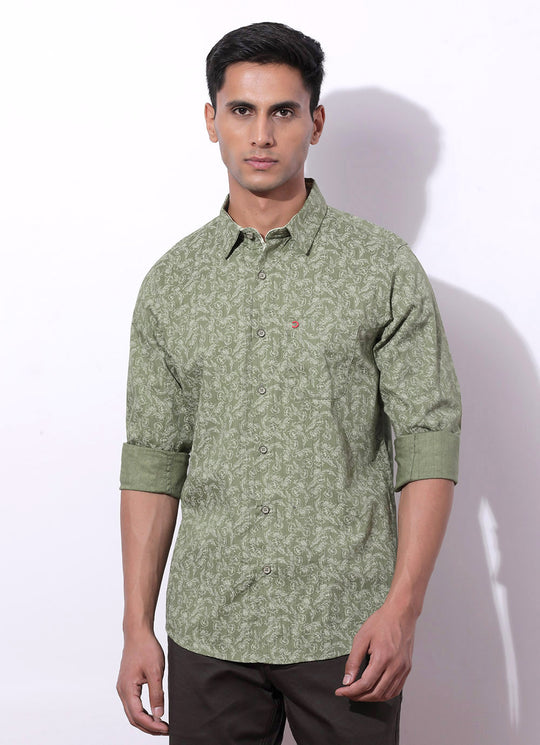 Dark Green Cotton Print Slim Fit Shirt with Single Patch Pocket