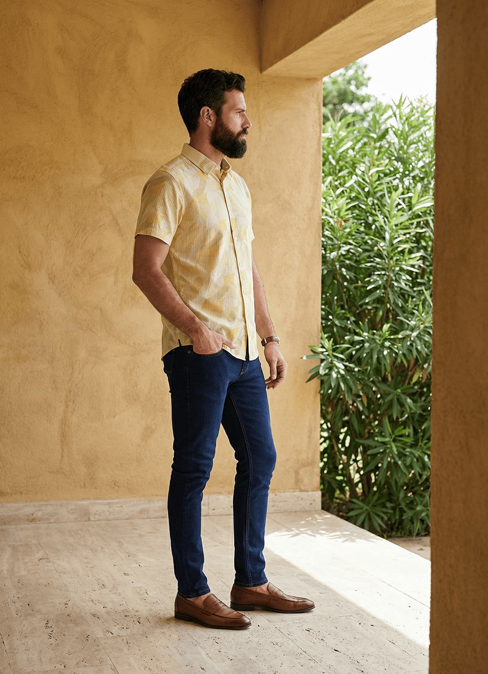 Yellow Seersucker Print Cotton Slim Fit Half Sleeve Shirt