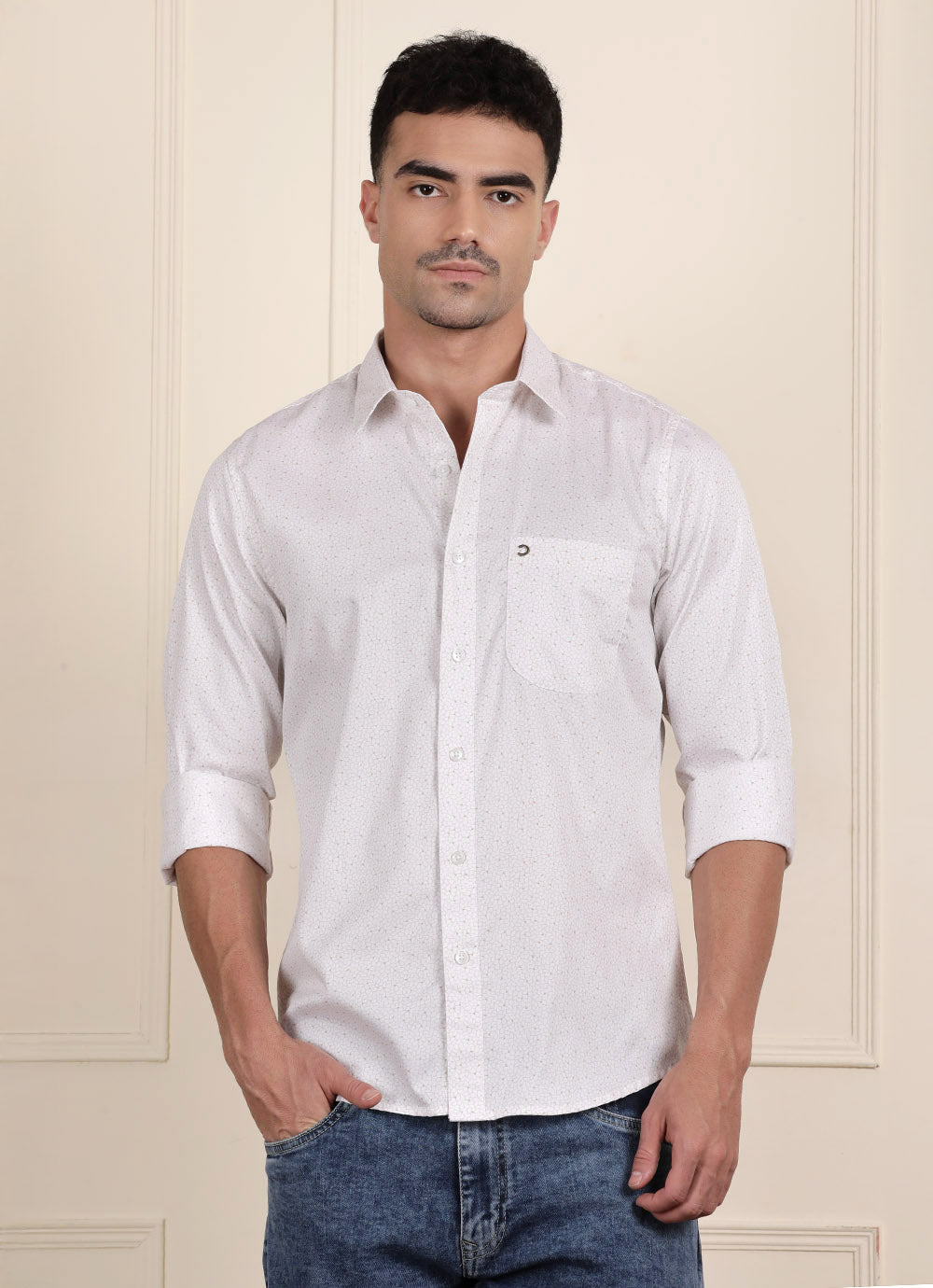 Yellow Print Cotton Slim Fit Shirt