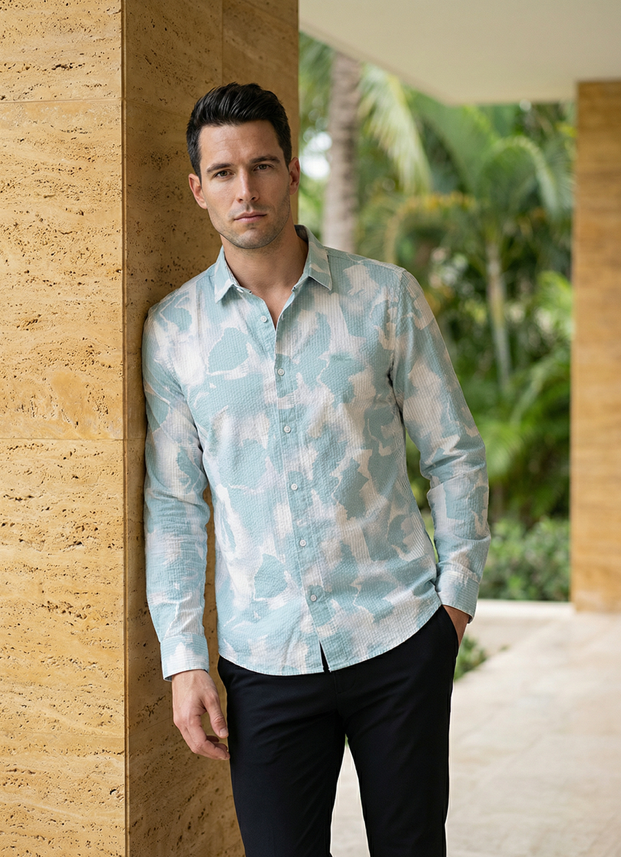 Green Seersucker Print Cotton Slim Fit Full Sleeve Shirt