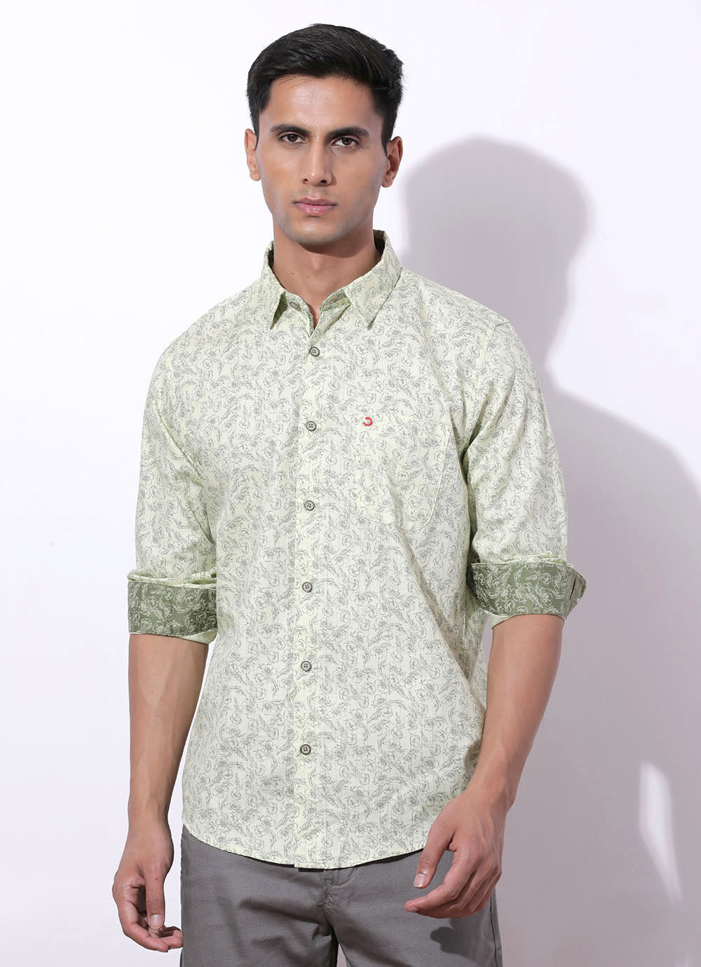 Light Green Cotton Print Slim Fit Shirt with Single Patch Pocket