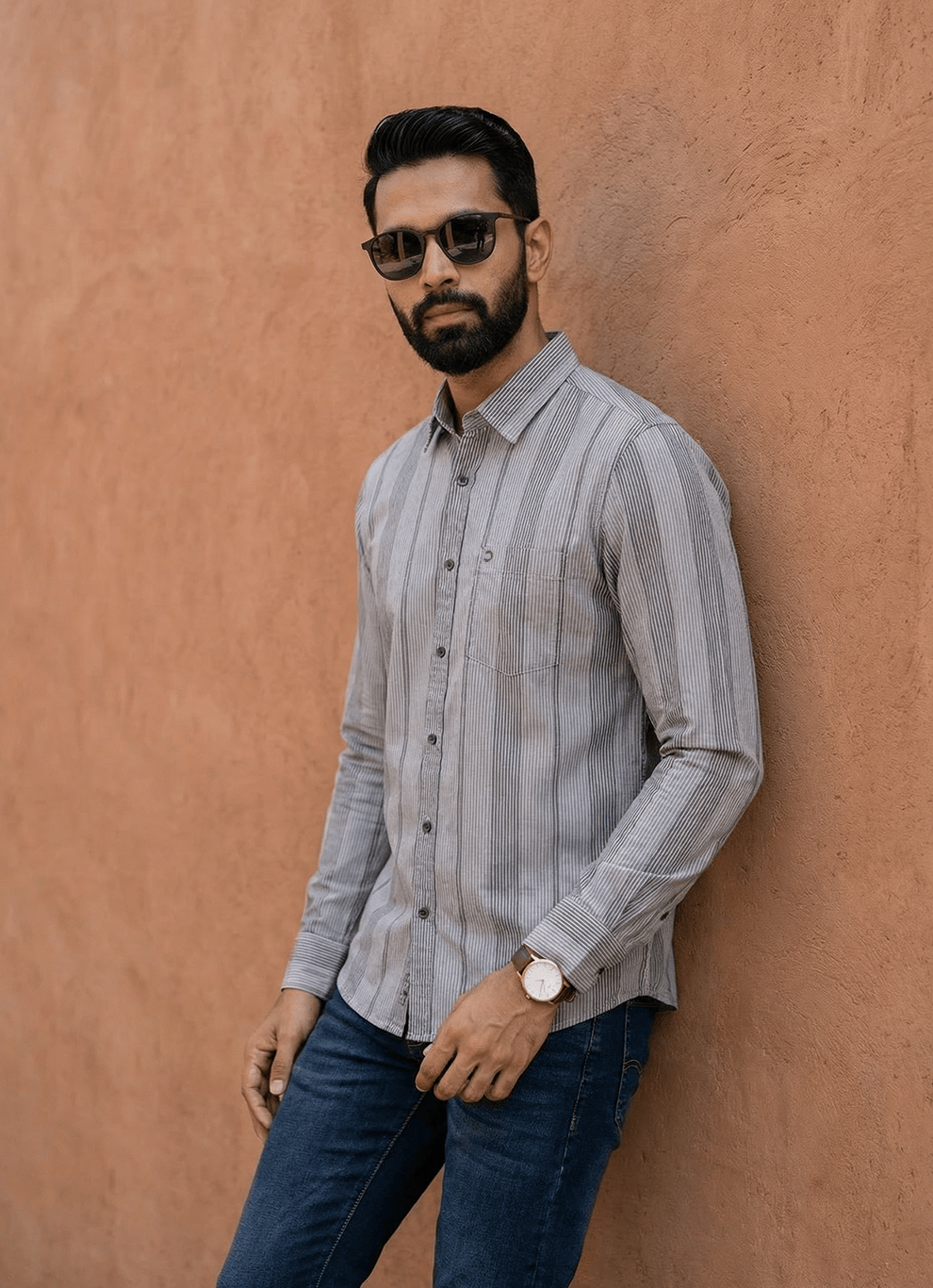 Grey Cotton Seersucker Stripes Slim Fit Full Sleeve Shirt