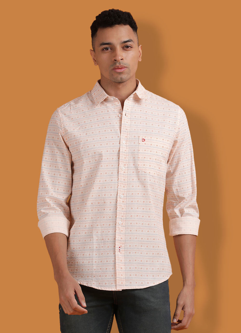 Peach Cotton Printed Slim Fit Shirt with Single Patch Pocket