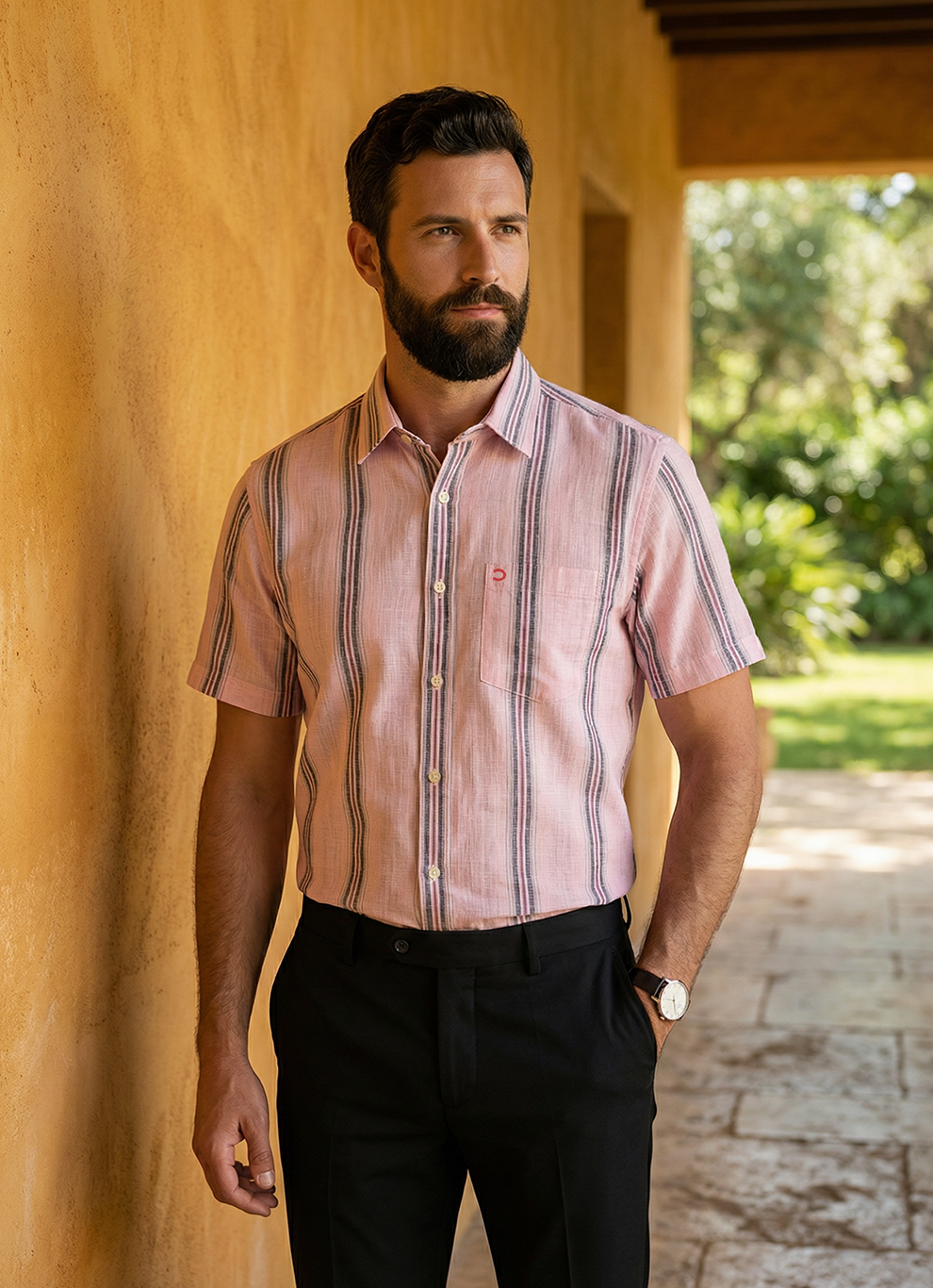 Pink Cotton Amslar Slim Fit Half Sleeve Shirt